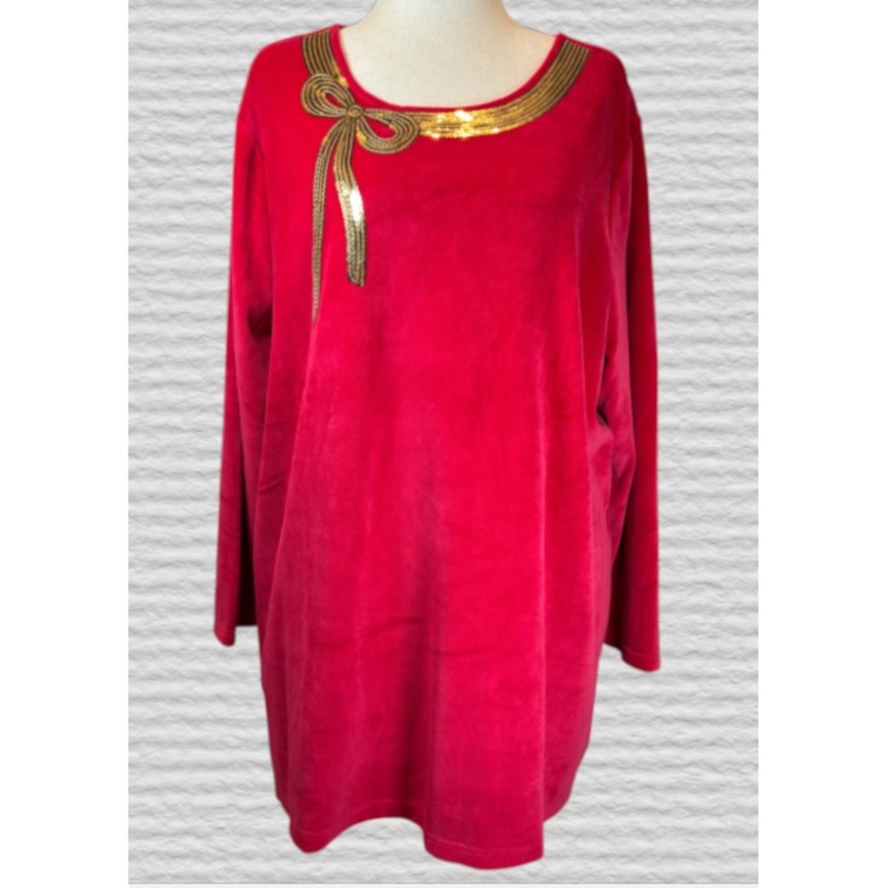 NEW Quacker Factory 3X Red Velvet Sequin "Bow-licious" Embellished Tunic Top